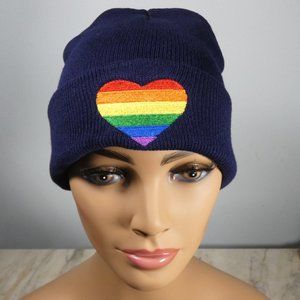 Rainbow Heart Navy Knit Beanie